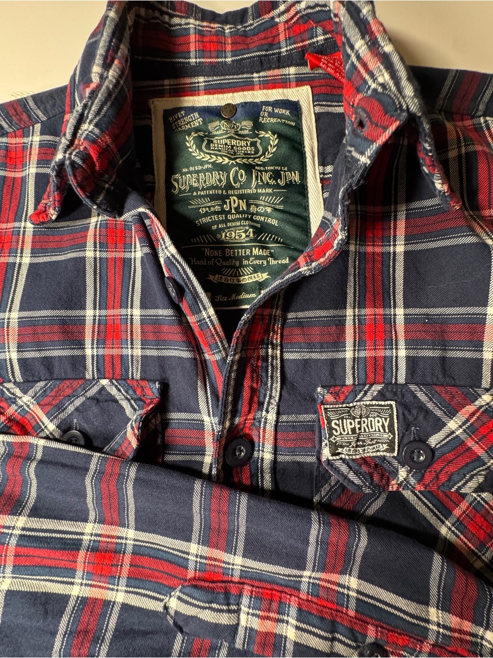 Superdry 100% Cotton Plaid Button Down Shirt Men’s Medium Navy Red Workwear